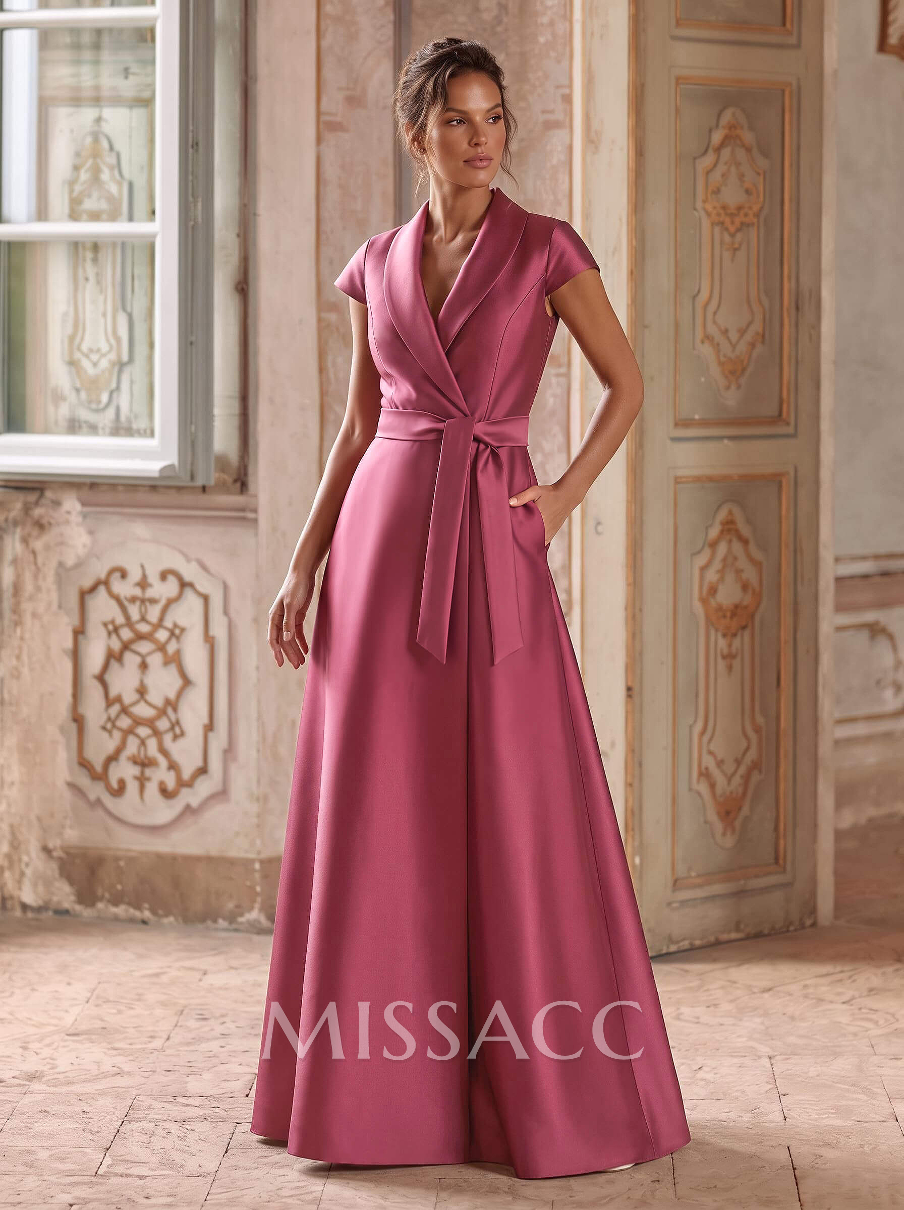 A-Line V-Neck Short Sleeves Floor-Length Satin Evening Dresses With