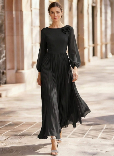 A-Line Scoop Neck Long Sleeves Ankle-Length Chiffon Evening Dresses With Pleated Flower(s)