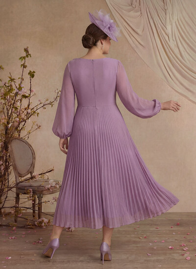 A-Line Scoop Neck Long Sleeves Ankle-Length Chiffon Evening Dresses With Pleated Flower(s)