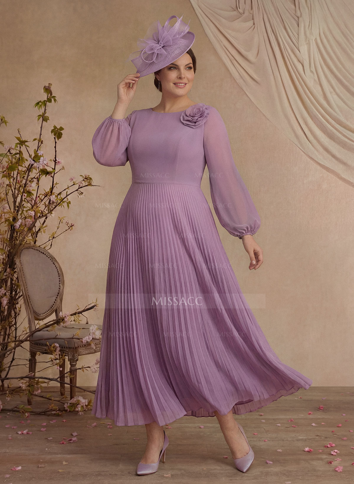 A-Line Scoop Neck Long Sleeves Ankle-Length Chiffon Evening Dresses With Pleated Flower(s)