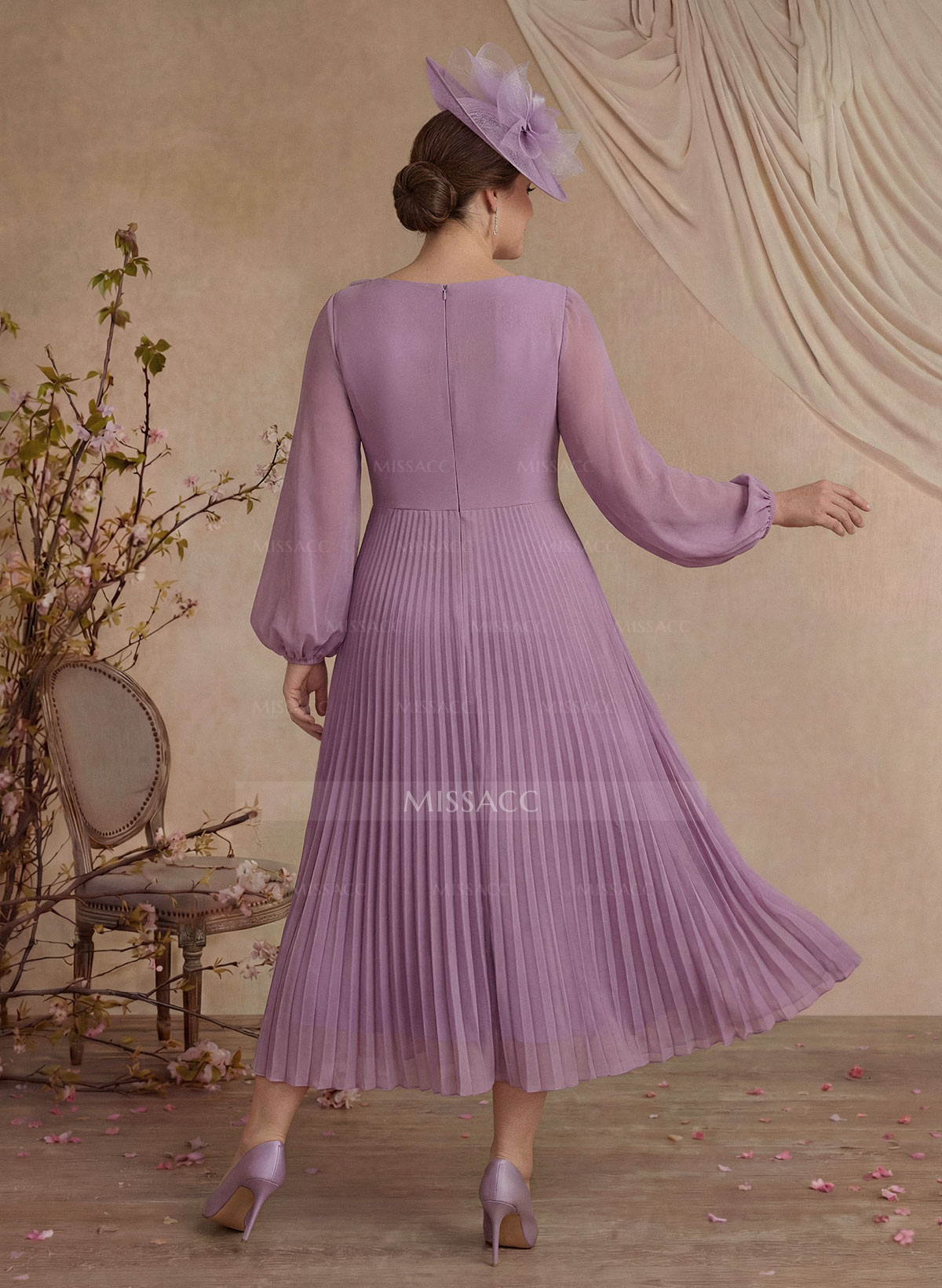 A-Line Scoop Neck Long Sleeves Ankle-Length Chiffon Evening Dresses With Pleated Flower(s)