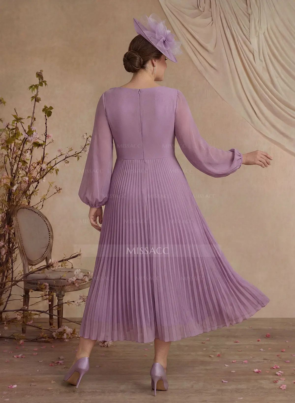 A-Line Scoop Neck Long Sleeves Ankle-Length Chiffon Evening Dresses With Pleated Flower(s) - Missacc A-Line Scoop Neck Long Sleeves Ankle-Length Chiffon Evening Dresses With Pleated Flower(s) - Missacc