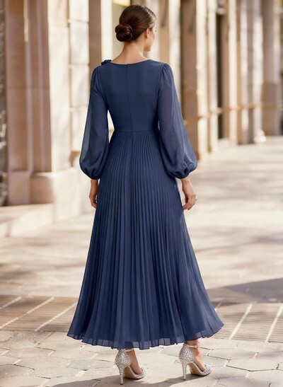 A-Line Scoop Neck Long Sleeves Ankle-Length Chiffon Evening Dresses With Pleated Flower(s)