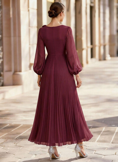 A-Line Scoop Neck Long Sleeves Ankle-Length Chiffon Evening Dresses With Pleated Flower(s)