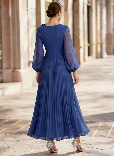 A-Line Scoop Neck Long Sleeves Ankle-Length Chiffon Evening Dresses With Pleated Flower(s)