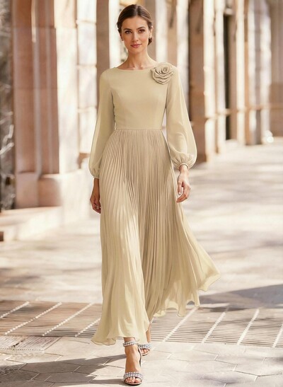 A-Line Scoop Neck Long Sleeves Ankle-Length Chiffon Evening Dresses With Pleated Flower(s)