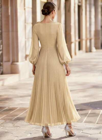 A-Line Scoop Neck Long Sleeves Ankle-Length Chiffon Evening Dresses With Pleated Flower(s)