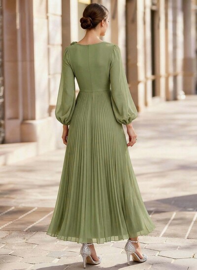 A-Line Scoop Neck Long Sleeves Ankle-Length Chiffon Evening Dresses With Pleated Flower(s)
