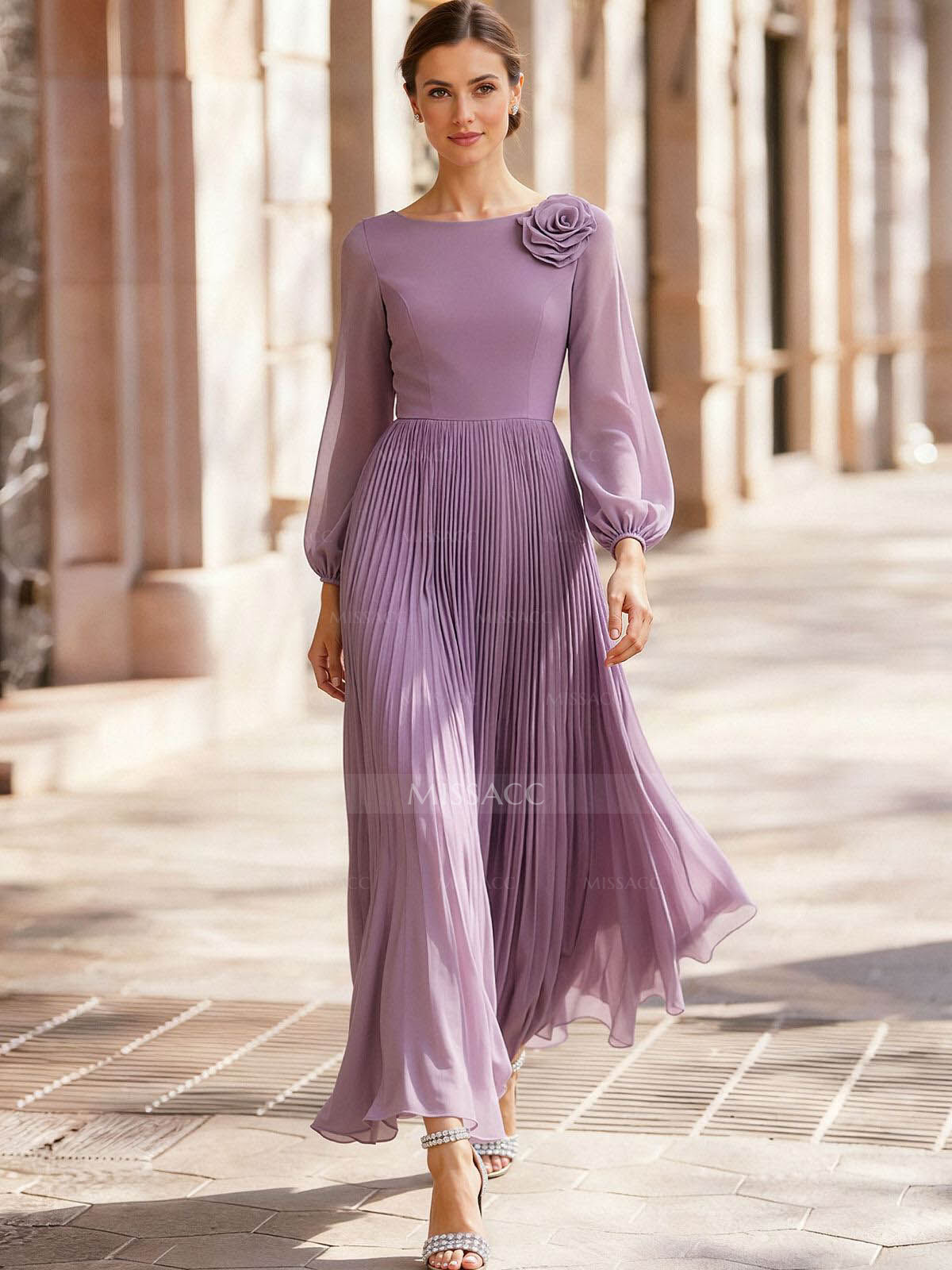 A-Line Scoop Neck Long Sleeves Ankle-Length Chiffon Evening Dresses With Pleated Flower(s)