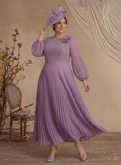 A-Line Scoop Neck Long Sleeves Ankle-Length Chiffon Evening Dresses With Pleated Flower(s)