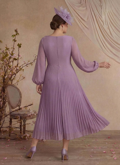 A-Line Scoop Neck Long Sleeves Ankle-Length Chiffon Evening Dresses With Pleated Flower(s)