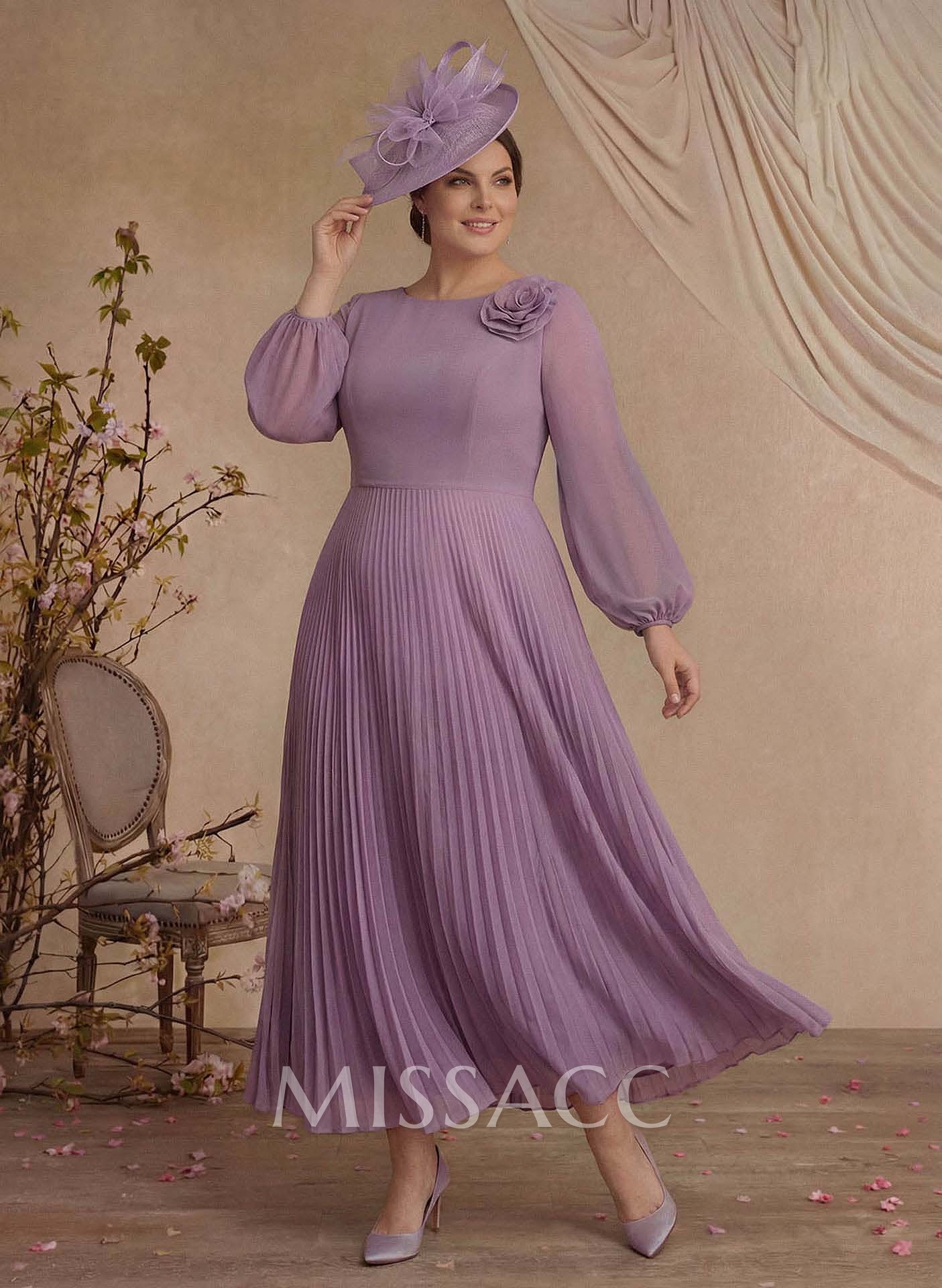 A-Line Scoop Neck Long Sleeves Ankle-Length Chiffon Evening Dresses With Pleated Flower(s) A-Line Scoop Neck Long Sleeves Ankle-Length Chiffon Evening Dresses With Pleated Flower(s)