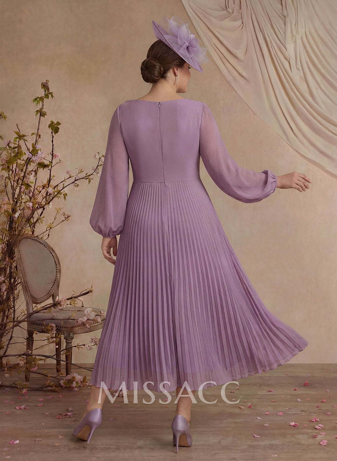 A-Line Scoop Neck Long Sleeves Ankle-Length Chiffon Evening Dresses With Pleated Flower(s) A-Line Scoop Neck Long Sleeves Ankle-Length Chiffon Evening Dresses With Pleated Flower(s)