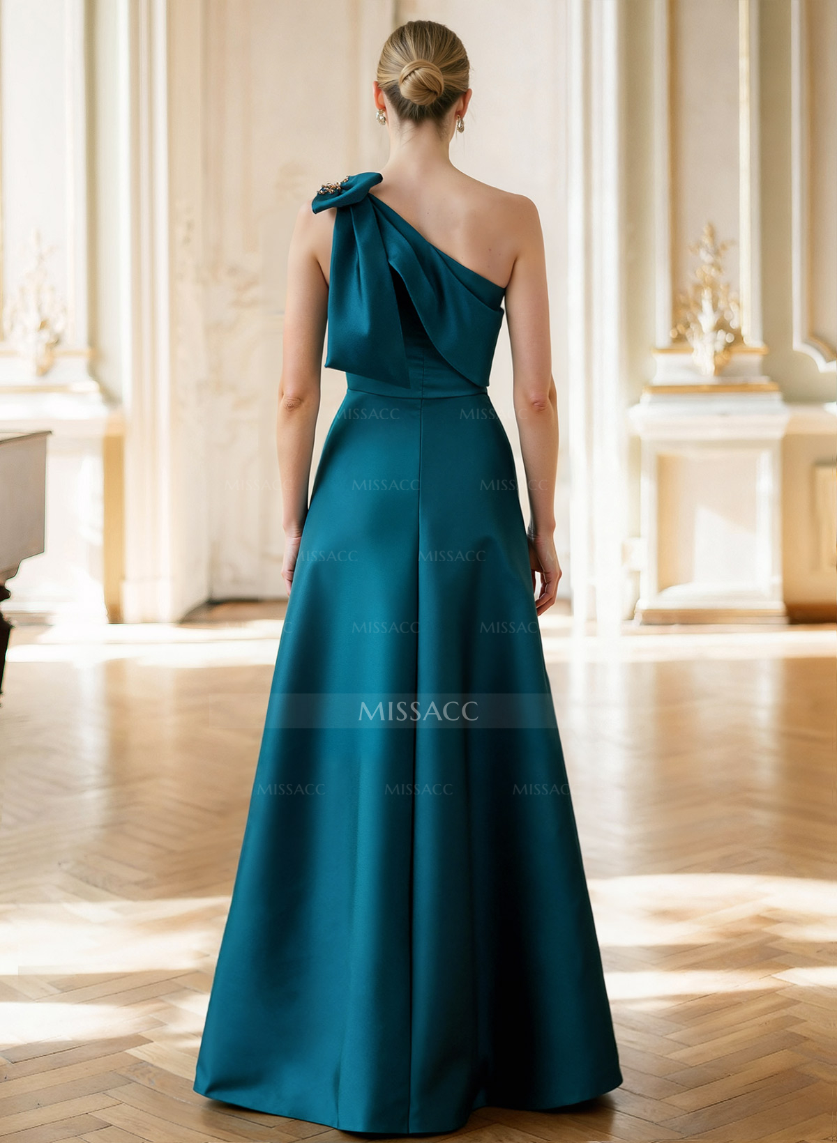 A-Line One-Shoulder Detachable Sleeves Floor-Length Satin Evening Dresses With Rhinestone Shoulder Ruffle