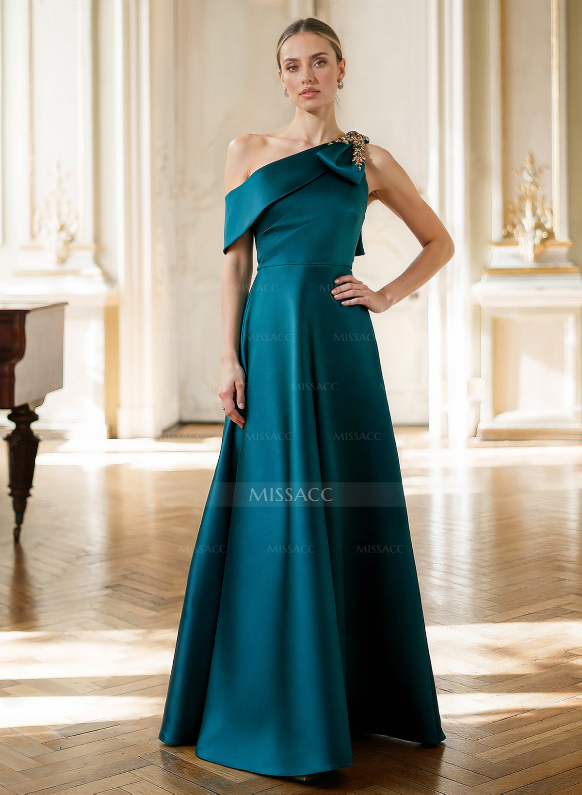 A-Line One-Shoulder Detachable Sleeves Floor-Length Satin Evening Dresses With Rhinestone Shoulder Ruffle