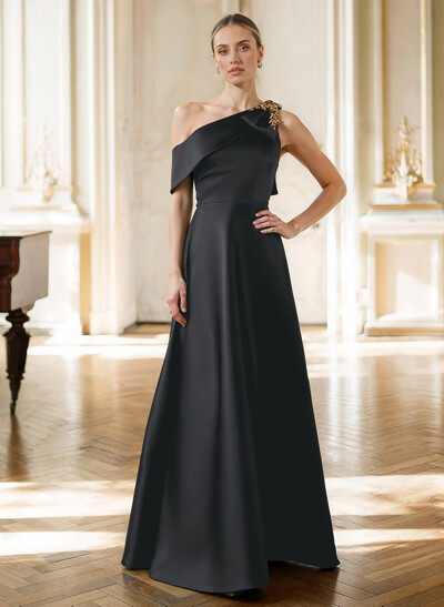 A-Line Asymmetrical Sleeveless Floor-Length Satin(Non-Stretch) Evening Dresses With Rhinestone Shoulder Ruffle