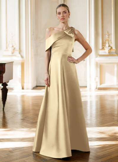 A-Line Asymmetrical Sleeveless Floor-Length Satin(Non-Stretch) Evening Dresses With Rhinestone Shoulder Ruffle