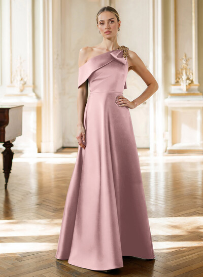 A-Line Asymmetrical Sleeveless Floor-Length Satin(Non-Stretch) Evening Dresses With Rhinestone Shoulder Ruffle