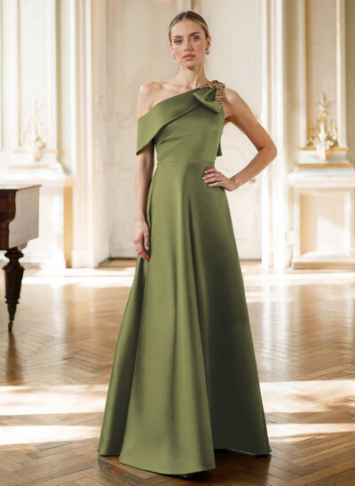 A-Line Asymmetrical Sleeveless Floor-Length Satin(Non-Stretch) Evening Dresses With Rhinestone Shoulder Ruffle