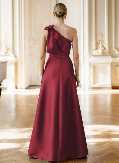 A-Line Asymmetrical Sleeveless Floor-Length Satin(Non-Stretch) Evening Dresses With Rhinestone Shoulder Ruffle