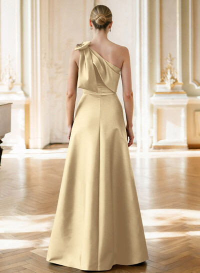 A-Line Asymmetrical Sleeveless Floor-Length Satin(Non-Stretch) Evening Dresses With Rhinestone Shoulder Ruffle