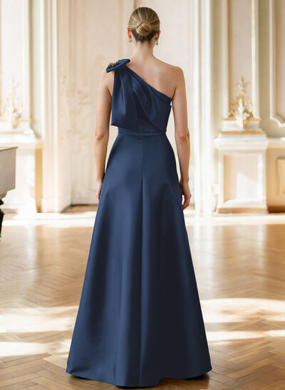 A-Line Asymmetrical Sleeveless Floor-Length Satin(Non-Stretch) Evening Dresses With Rhinestone Shoulder Ruffle
