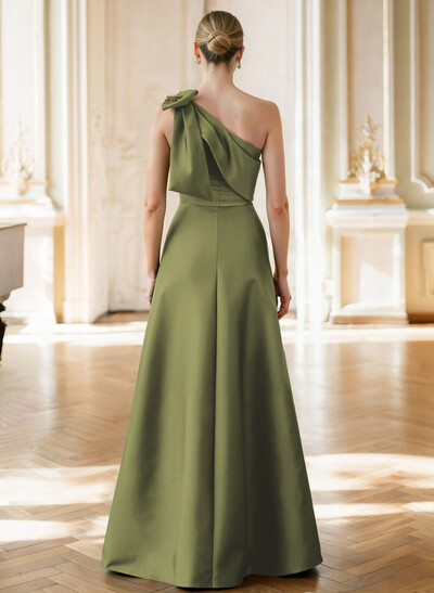 A-Line Asymmetrical Sleeveless Floor-Length Satin(Non-Stretch) Evening Dresses With Rhinestone Shoulder Ruffle