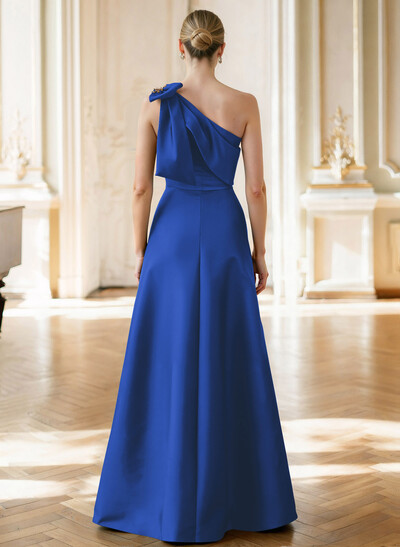 A-Line Asymmetrical Sleeveless Floor-Length Satin(Non-Stretch) Evening Dresses With Rhinestone Shoulder Ruffle