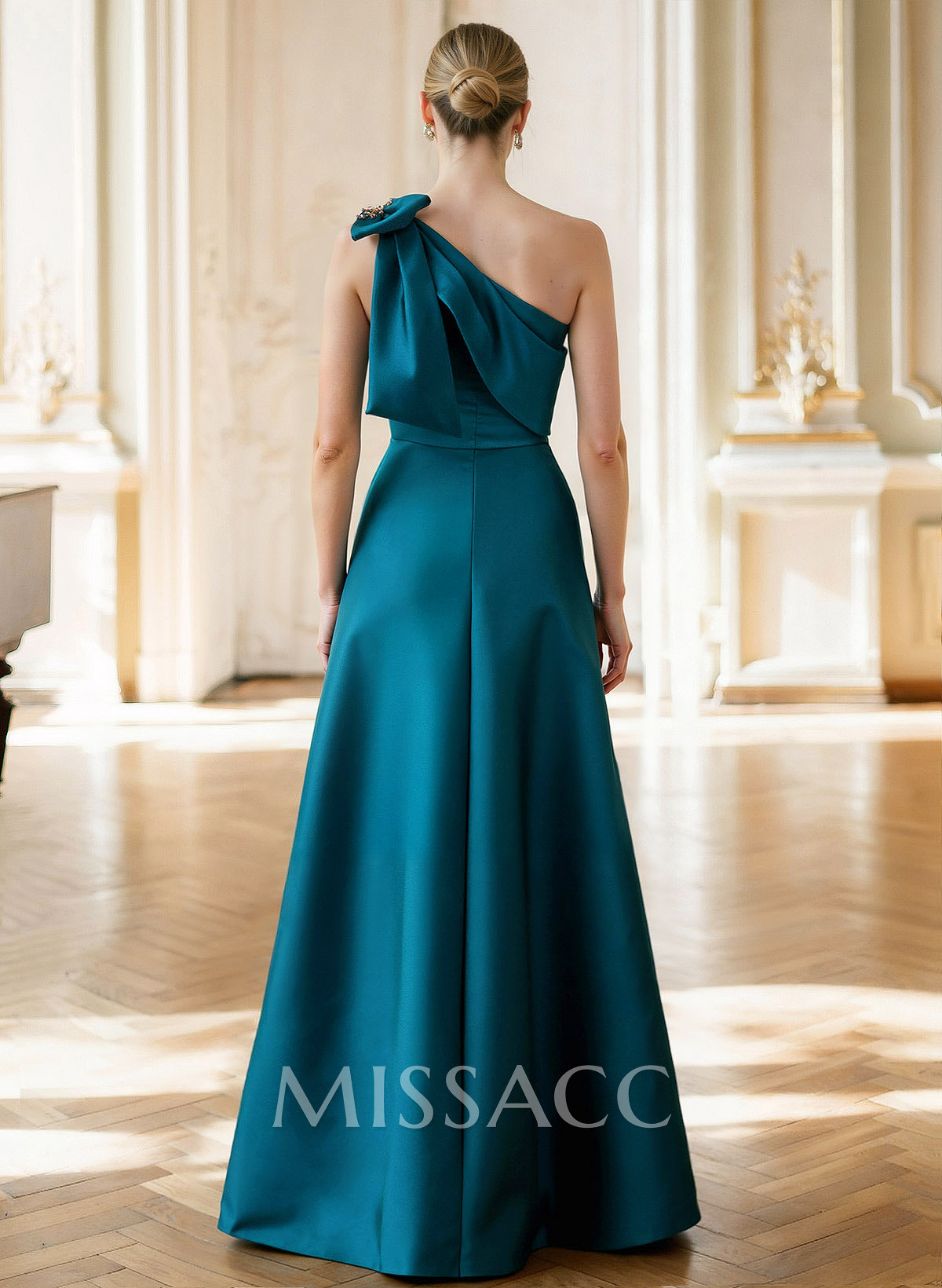 A-Line Asymmetrical Sleeveless Floor-Length Satin(Non-Stretch) Evening Dresses With Rhinestone Shoulder Ruffle