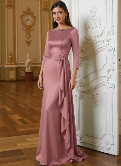A-Line Scoop Neck 3/4 Sleeves Floor-Length Acetate Satin Mother Of The Bride Dresses With Rhinestone Sweeping Side Drape