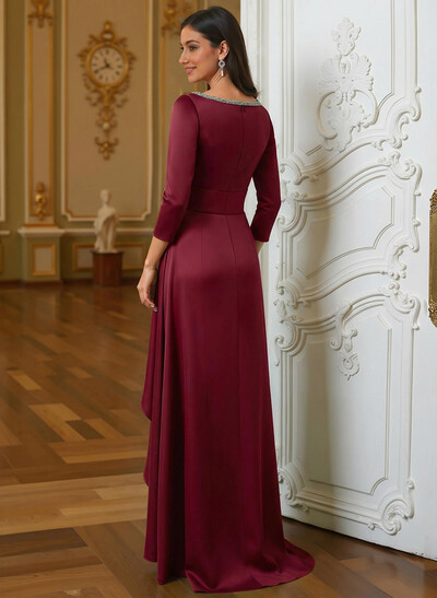 A-Line Scoop Neck 3/4 Sleeves Floor-Length Acetate Satin Mother Of The Bride Dresses With Rhinestone Sweeping Side Drape