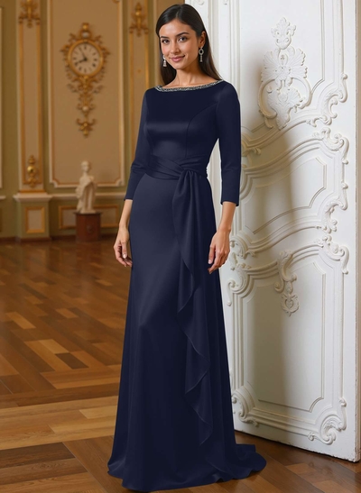 A-Line Scoop Neck 3/4 Sleeves Floor-Length Acetate Satin Mother Of The Bride Dresses With Rhinestone Sweeping Side Drape