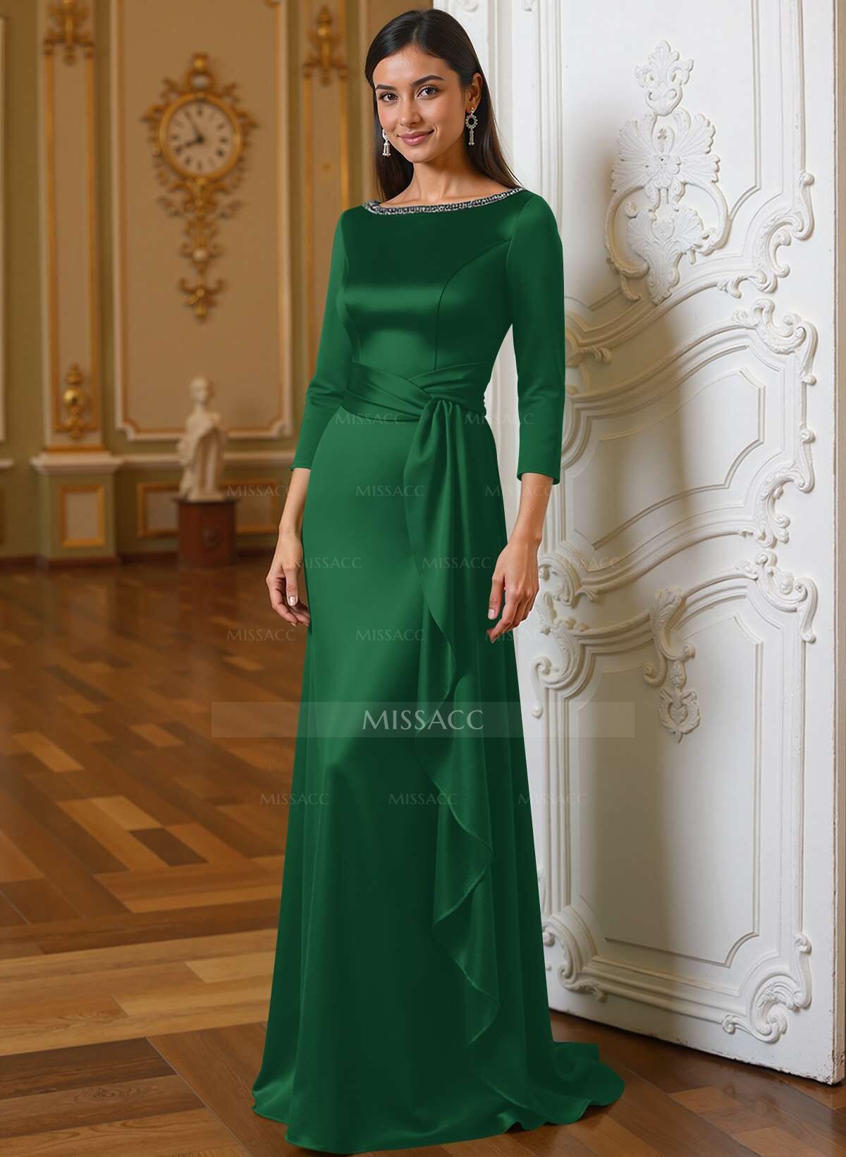 A-Line Scoop Neck 3/4 Sleeves Floor-Length Acetate Satin Mother Of The Bride Dresses With Rhinestone Sweeping Side Drape