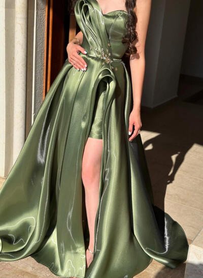 Ball-Gown Sweetheart Sleeveless Sweep Train Liquid Satin Evening Dresses With Rhinestone Shoulder Ruffle Tiered