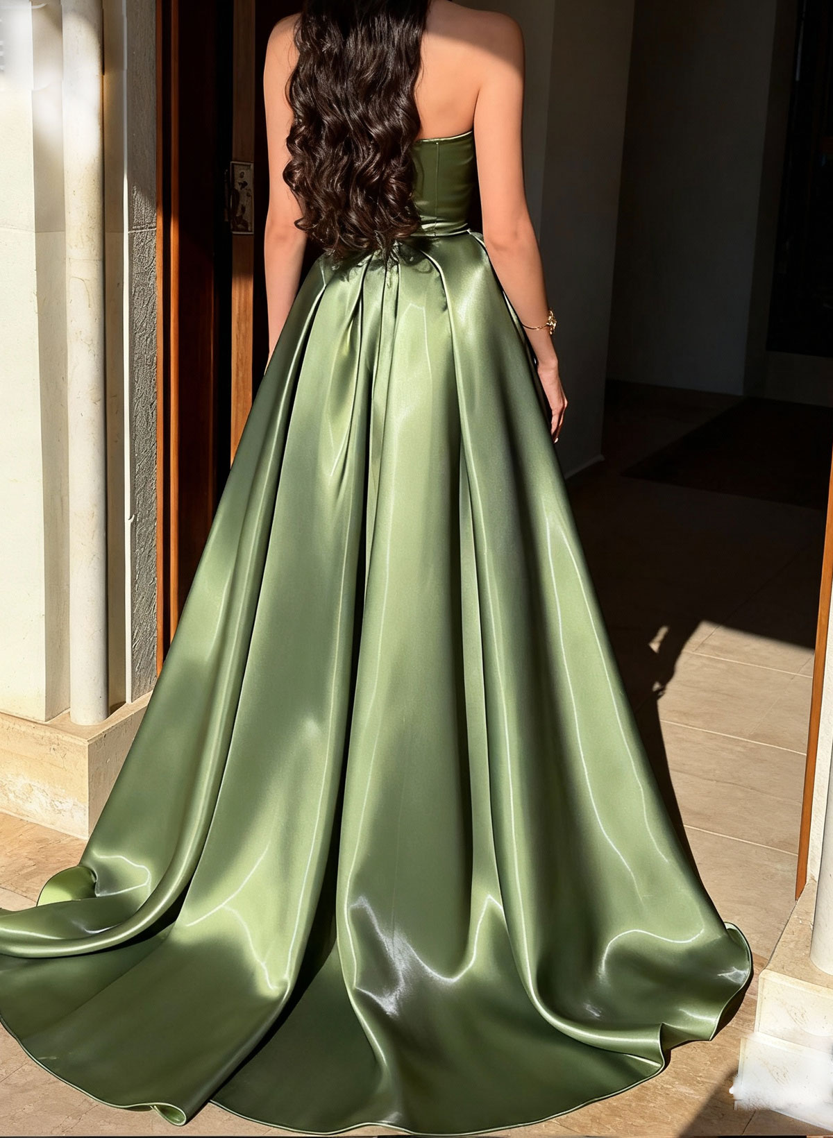 Ball-Gown Sweetheart Sleeveless Sweep Train Liquid Satin Evening Dresses With Rhinestone Shoulder Ruffle Tiered
