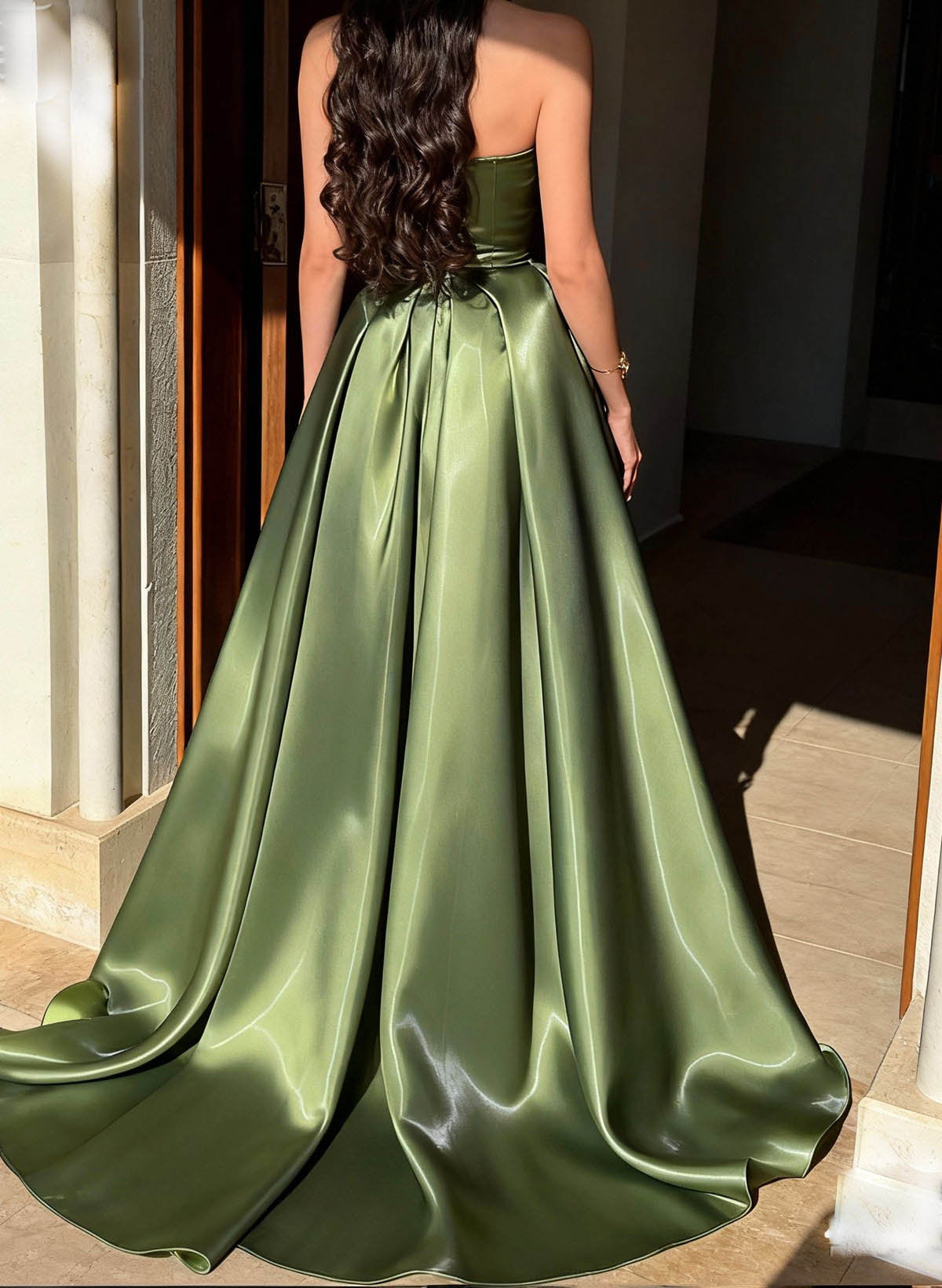 Ball-Gown Sweetheart Sleeveless Sweep Train Liquid Satin Evening Dresses With Rhinestone Shoulder Ruffle Tiered