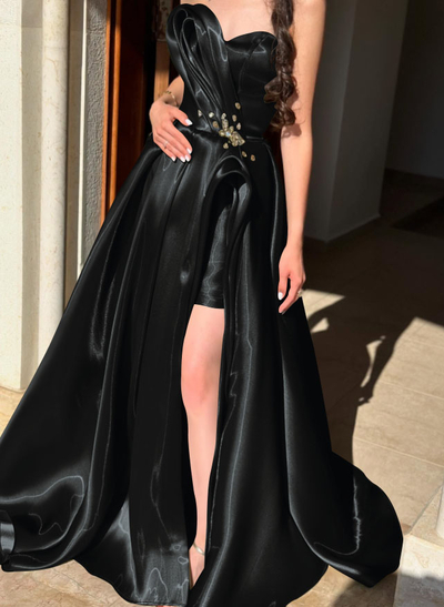 Ball-Gown Sweetheart Sleeveless Sweep Train Liquid Satin Evening Dresses With Rhinestone Shoulder Ruffle Tiered