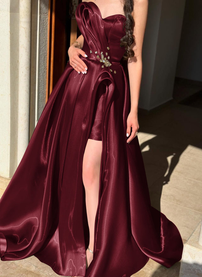 Ball-Gown Sweetheart Sleeveless Sweep Train Liquid Satin Evening Dresses With Rhinestone Shoulder Ruffle Tiered