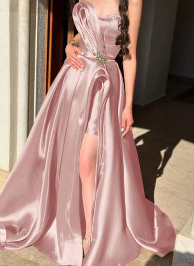 Ball-Gown Sweetheart Sleeveless Sweep Train Liquid Satin Evening Dresses With Rhinestone Shoulder Ruffle Tiered