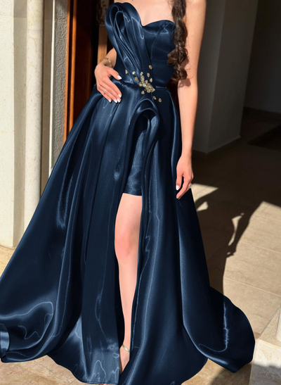Ball-Gown Sweetheart Sleeveless Sweep Train Liquid Satin Evening Dresses With Rhinestone Shoulder Ruffle Tiered