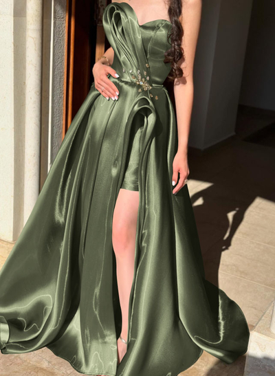 Ball-Gown Sweetheart Sleeveless Sweep Train Liquid Satin Evening Dresses With Rhinestone Shoulder Ruffle Tiered