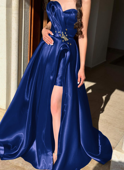 Ball-Gown Sweetheart Sleeveless Sweep Train Liquid Satin Evening Dresses With Rhinestone Shoulder Ruffle Tiered