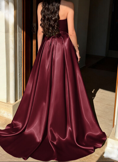 Ball-Gown Sweetheart Sleeveless Sweep Train Liquid Satin Evening Dresses With Rhinestone Shoulder Ruffle Tiered