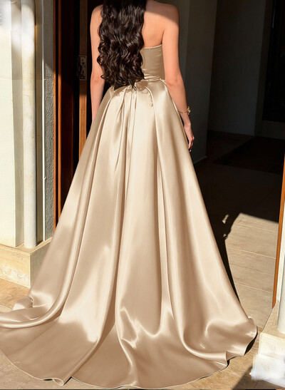 Ball-Gown Sweetheart Sleeveless Sweep Train Liquid Satin Evening Dresses With Rhinestone Shoulder Ruffle Tiered