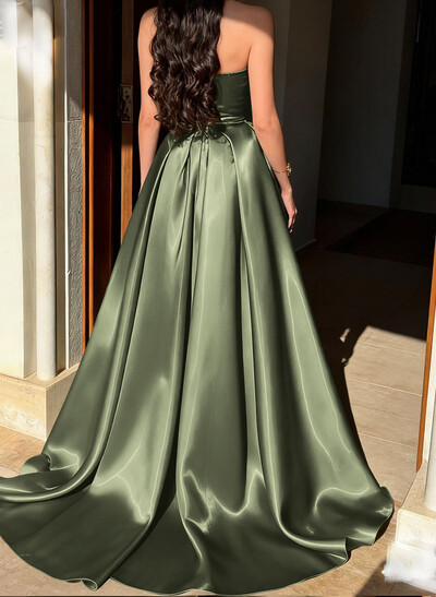 Ball-Gown Sweetheart Sleeveless Sweep Train Liquid Satin Evening Dresses With Rhinestone Shoulder Ruffle Tiered