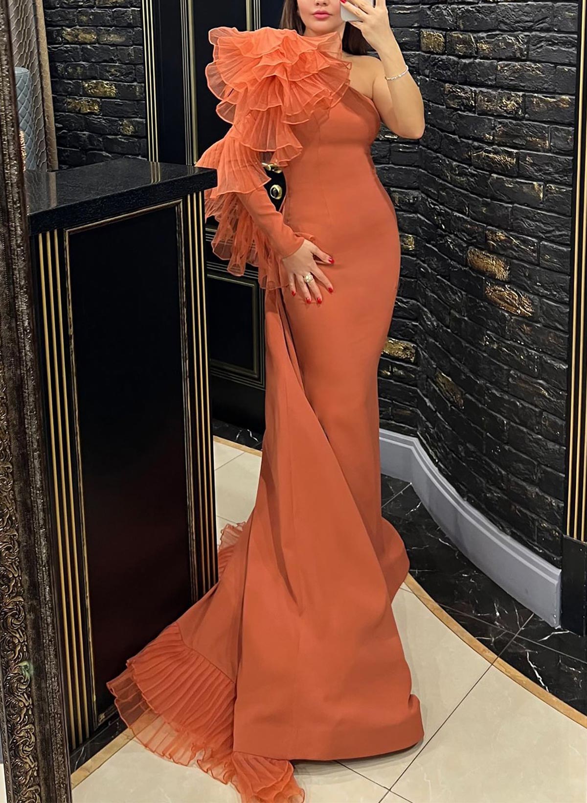 Sheath Column One-Shoulder Long Sleeves Sweep Train Elastic Satin Organza Evening Dresses With Cascading Ruffles Flower(s) Shoulder Ruffle Tiered