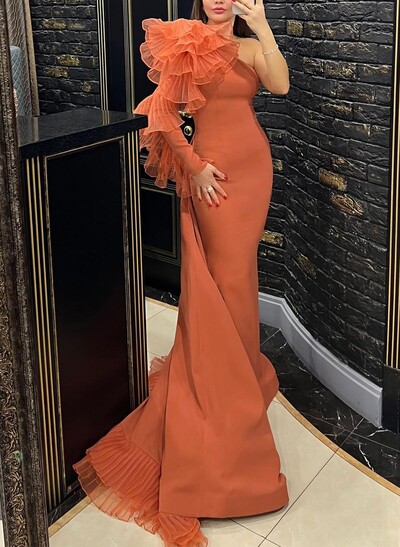 Sheath Column One-Shoulder Long Sleeves Sweep Train Elastic Satin Organza Evening Dresses With Cascading Ruffles Flower(s) Shoulder Ruffle Tiered