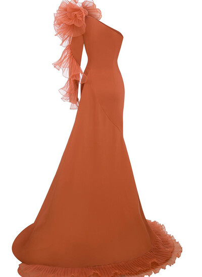 Sheath Column One-Shoulder Long Sleeves Sweep Train Elastic Satin Organza Evening Dresses With Cascading Ruffles Flower(s) Shoulder Ruffle Tiered
