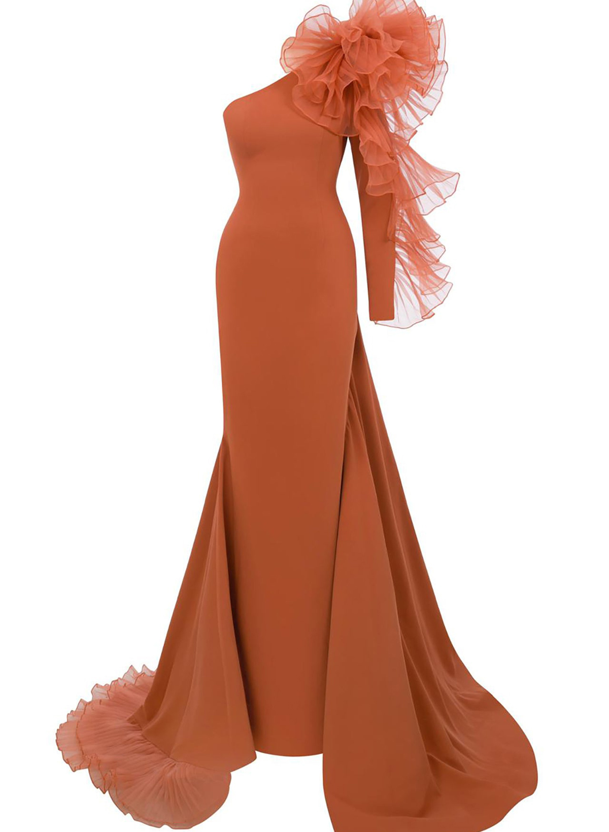 Sheath Column One-Shoulder Long Sleeves Sweep Train Elastic Satin Organza Evening Dresses With Cascading Ruffles Flower(s) Shoulder Ruffle Tiered