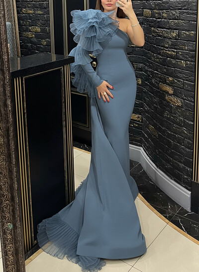 Sheath Column One-Shoulder Long Sleeves Sweep Train Elastic Satin Organza Evening Dresses With Cascading Ruffles Flower(s) Shoulder Ruffle Tiered